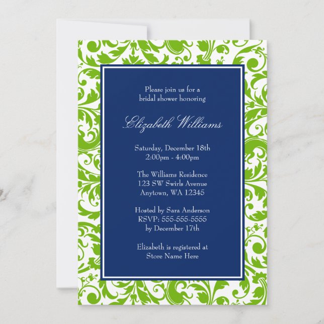 Invitation Fête de l'mariée de Damas des vents bleus et verts (Devant)