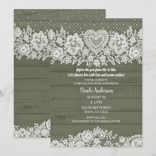 Invitation Fête de l'mariée de dentelle de bois rustique vert