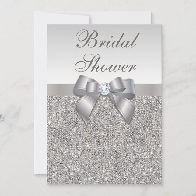 Invitation Fête de l'mariée de Faux Silver Sequins et Bow (Devant)