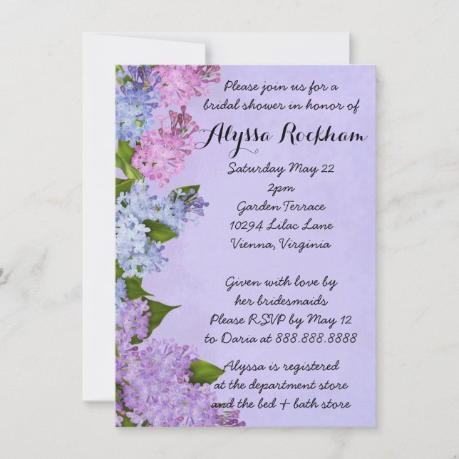 Invitation Fête de l'mariée de fleurs Lilac du jardin pourpre (Devant)
