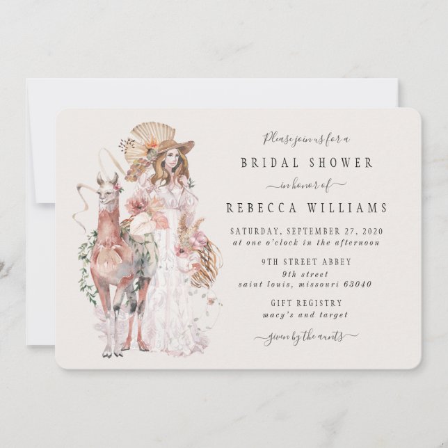 Invitation Fête de l'mariée de la mariée de Boho Llama (Devant)