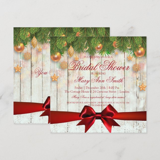Invitation Fête de l'mariée de Noël Gold Deco & Ribbon (Devant / Derrière)