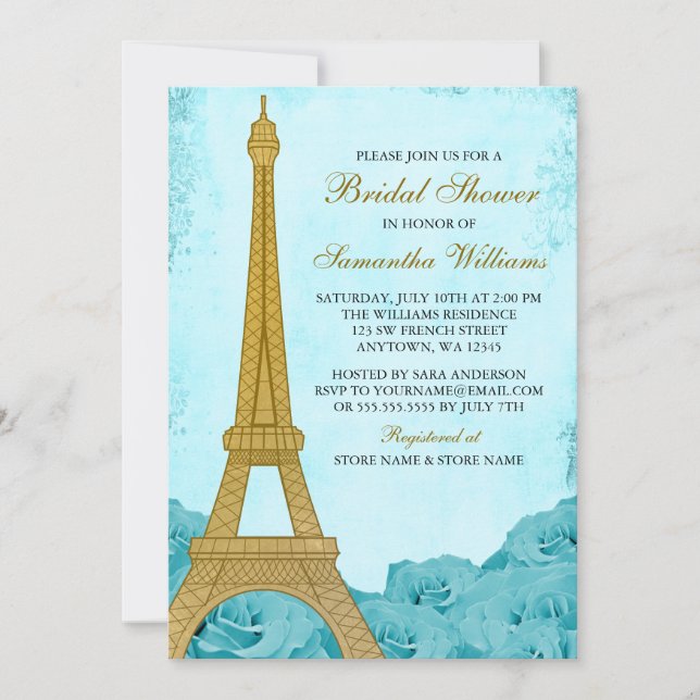 Invitation Fête de l'mariée de Roses Turquoises de la Tour Ei (Devant)