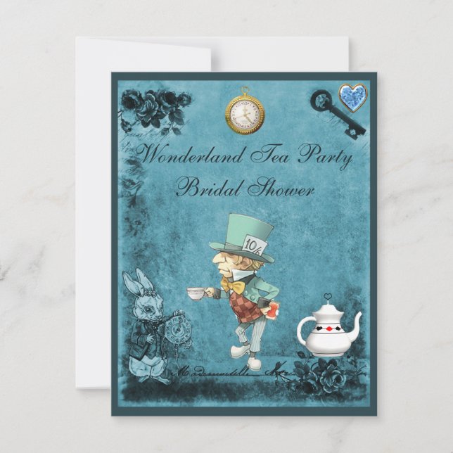 Invitation Fête de l'mariée de thé Blue Mad Hatter Wonderland (Devant)