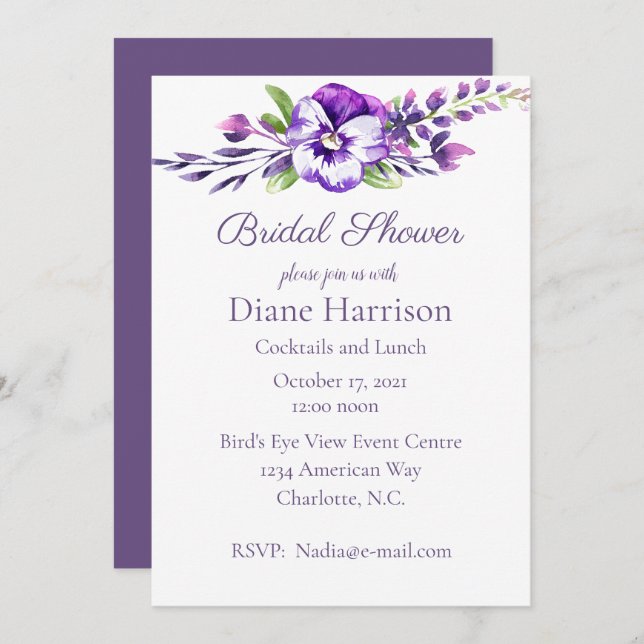 Invitation Fête de l'mariée de traitement de l'aquarelle (Devant / Derrière)