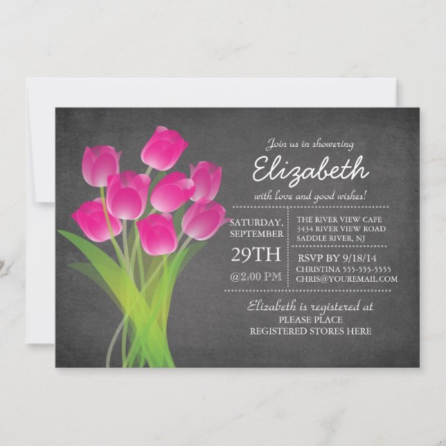 Invitation Fête de l'mariée de tulipe rose Chalkboard moderne (Devant)