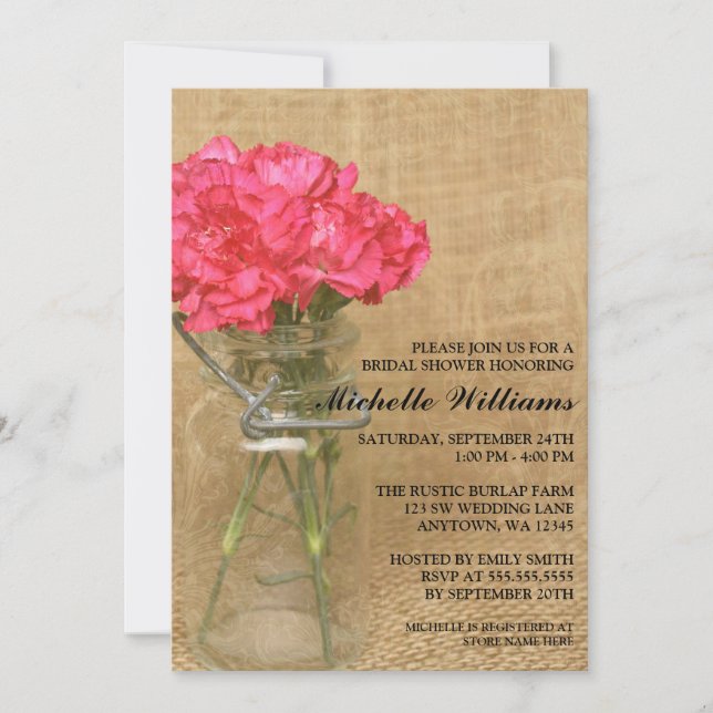 Invitation Fête de l'mariée des oeillets roses de Mason Jar (Devant)