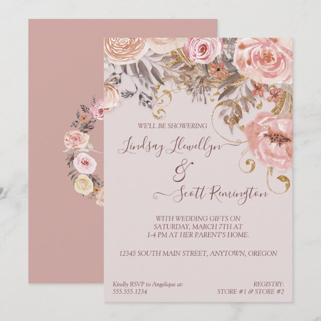 Invitation Fête de l'mariée d'or Rose floral séché Boho Blush (Devant / Derrière)