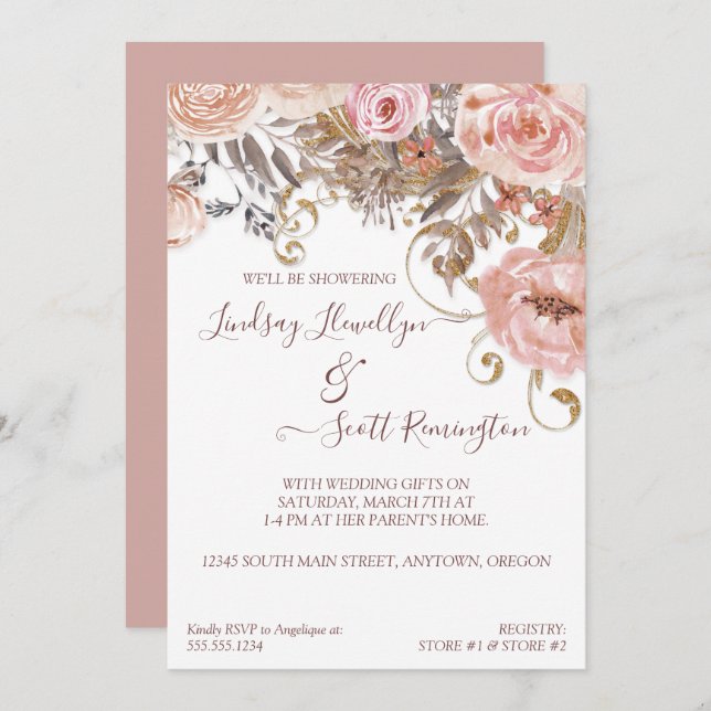 Invitation Fête de l'mariée d'or Rose floral séché Boho Blush (Devant / Derrière)
