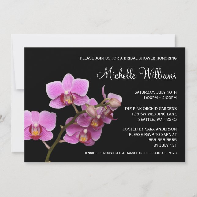 Invitation Fête de l'mariée d'orchidées roses et noires (Devant)