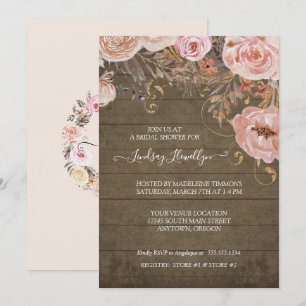 Invitation Fête de l'mariée en or Rose Boho en bois rustique