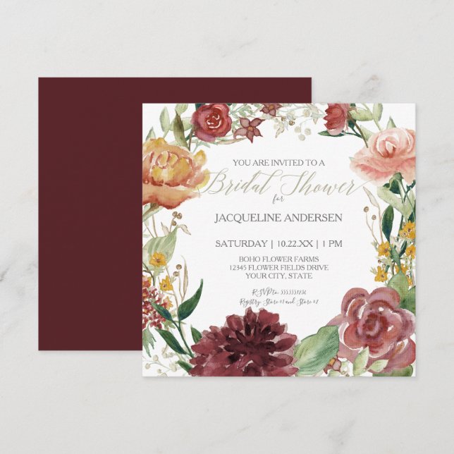 Invitation Fête de l'mariée Fall Floral Burgundy Blush Roses (Devant / Derrière)