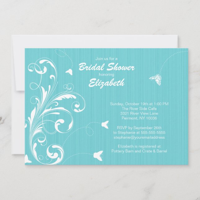 Invitation Fête de l'mariée fleurie de papillon Turquoise Inv (Devant)