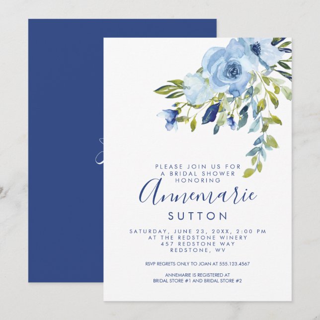 Invitation Fête de l'mariée florale Bleu clair et Marine| (Devant / Derrière)