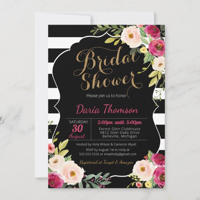 Invitation Fête de l'mariée florale chic noir blanc rayé rose (Devant)