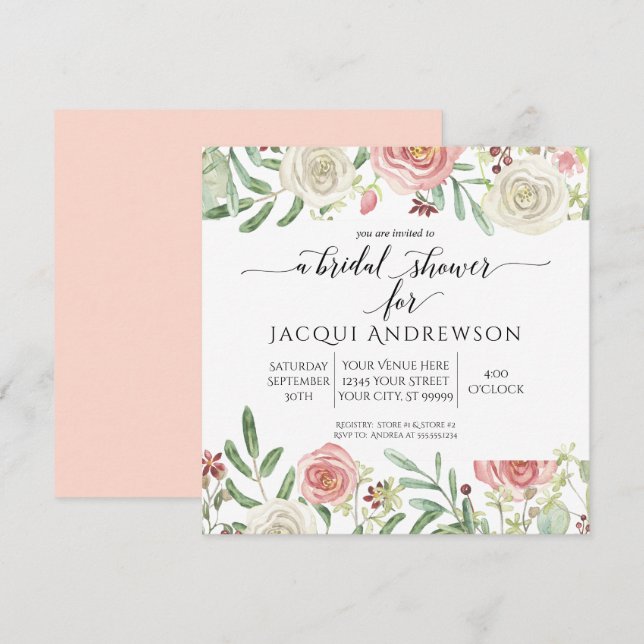 Invitation Fête de l'mariée florale de Blush et de Rose ivoir (Devant / Derrière)