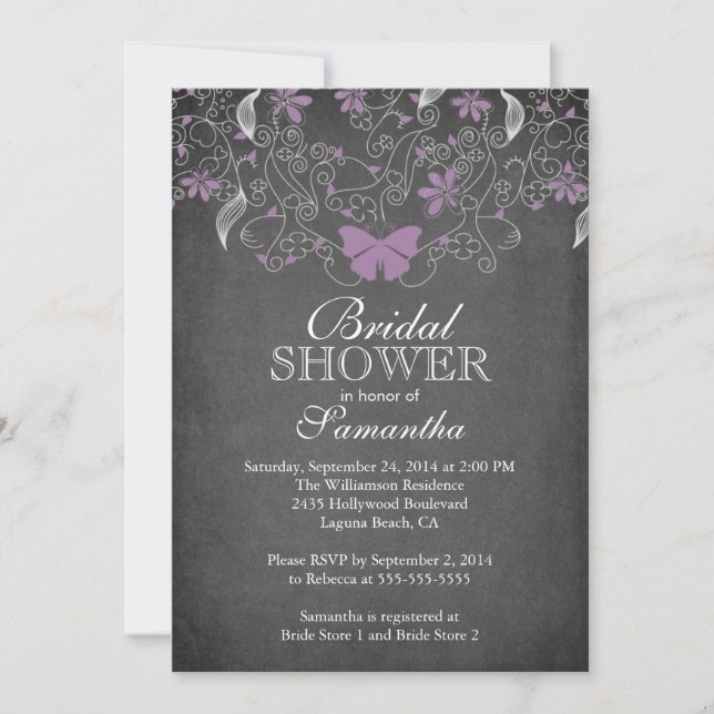 Invitation Fête de l'mariée florale de papillon mauve en tabl (Devant)