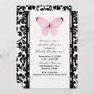 Invitation Fête de l'mariée florale de papillon noir et rose