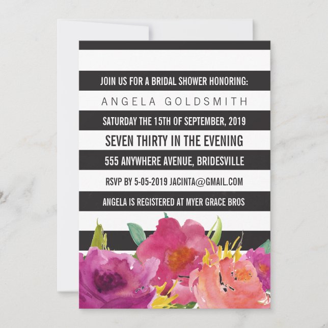 Invitation Fête de l'mariée Florale en noir et blanc (Devant)