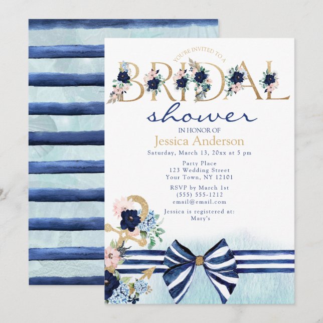 Invitation Fête de l'mariée florale royale bleue et or (Devant / Derrière)