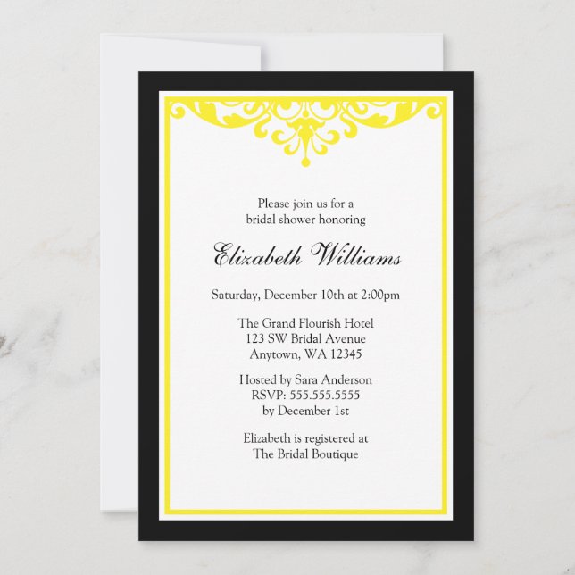 Invitation Fête de l'mariée florissante noire et jaune (Devant)