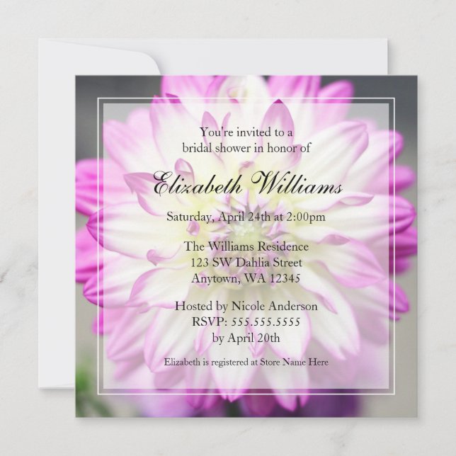 Invitation Fête de l'mariée Fuschia rose et blanc Dahlia (Devant)