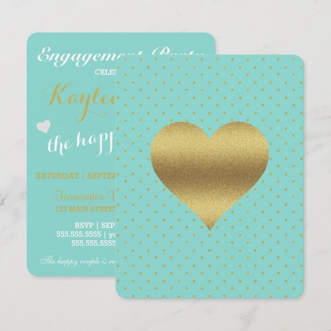 Invitation Fête de l'mariée Gold & Turquoise Blue Pois Party (Devant / Derrière)