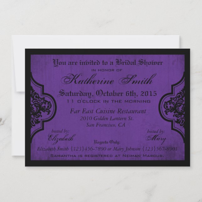 Invitation Fête de l'mariée Goth Purple Damask Grunge (Dos)