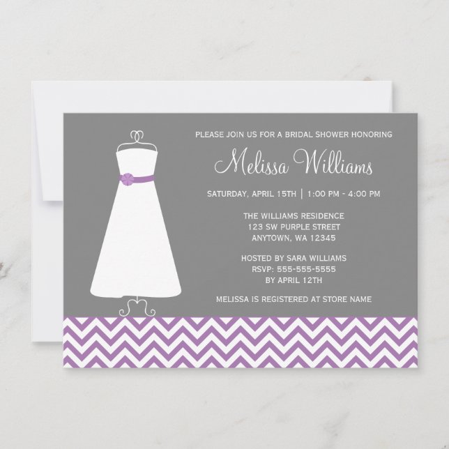 Invitation Fête de l'mariée gris mauve de Chevron moderne (Devant)