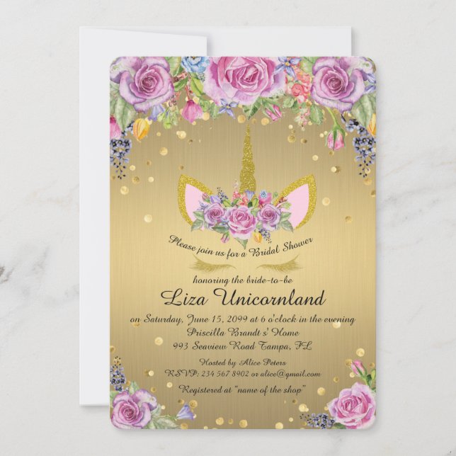 Invitation Fête de l'mariée Hommage, licorne, or métallique,  (Devant)