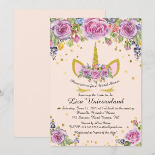 Invitation Fête de l'mariée Honorer, licorne, rose, fleurs