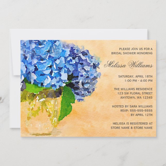 Invitation Fête de l'mariée Mason Jar bleu Hydrangea Watercol (Devant)