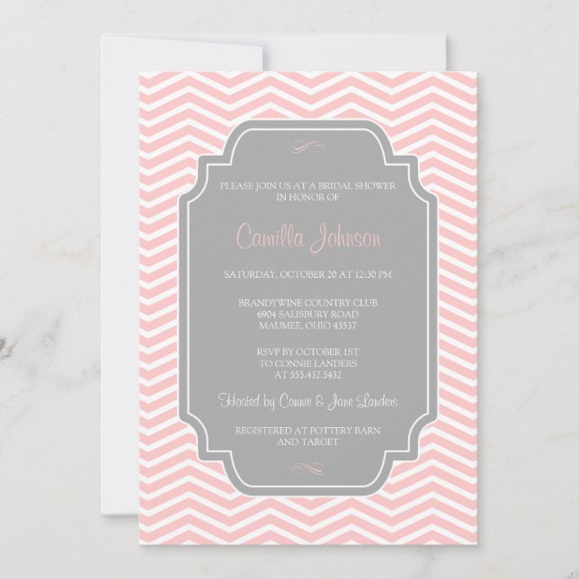 Invitation Fête de l'mariée moderne élégante de Chevron rose  (Devant)