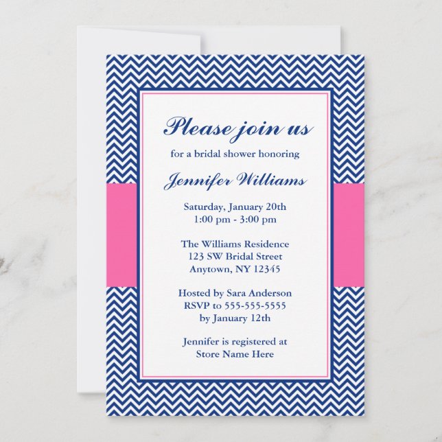 Invitation Fête de l'mariée Navy Blue and Pink Chevron (Devant)