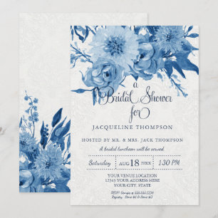 Invitation Fête de l'mariée Navy Blue White Chintz Damask Flo