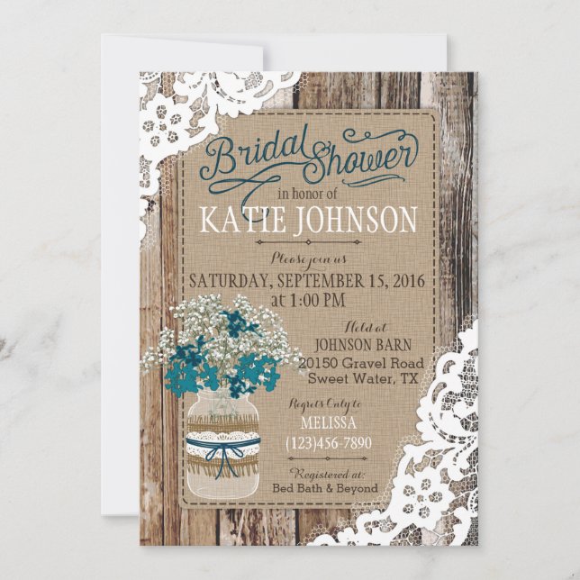 Invitation Fête de l'mariée rustique de la dentelle de bois d (Devant)