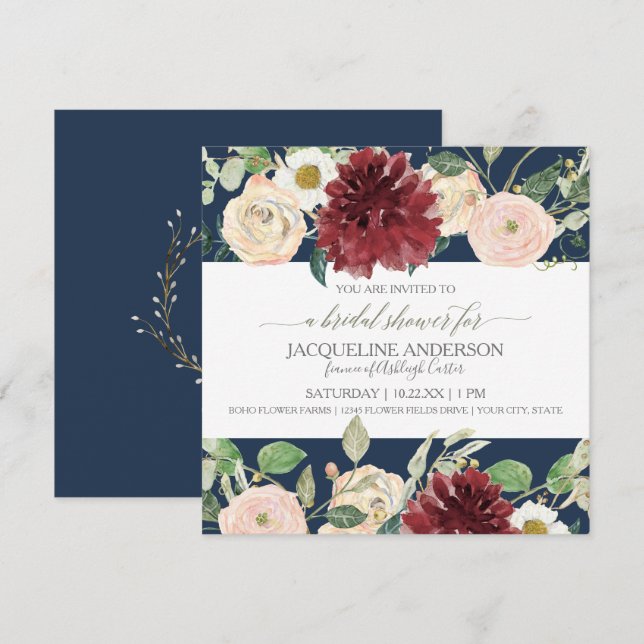 Invitation Fête de l'mariée Spring Floral Mum Marsala Rose ro (Devant / Derrière)