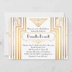 Invitation Fête de l'mariée, style Gatsby, blanc & or, art dé