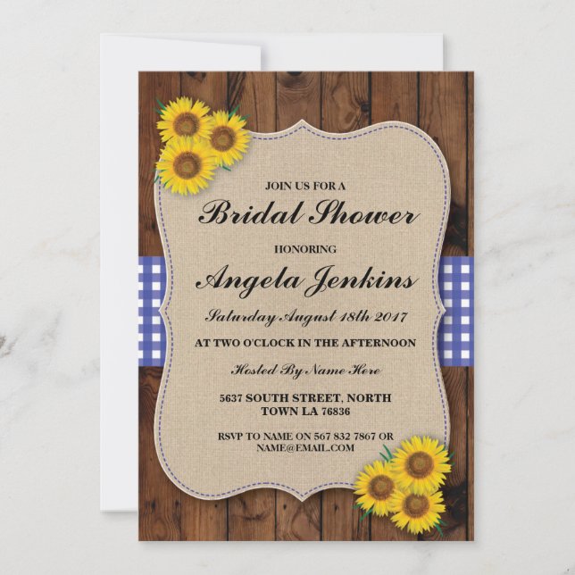 Invitation Fête de l'mariée Sunflower Wood Burlap Floral Invi (Devant)