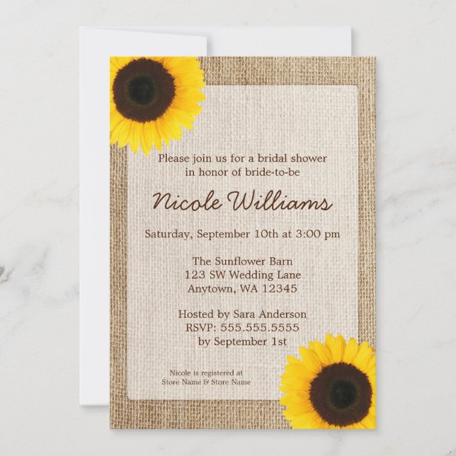 Invitation Fête de l'mariée Tournesol Russe Burlap (Devant)