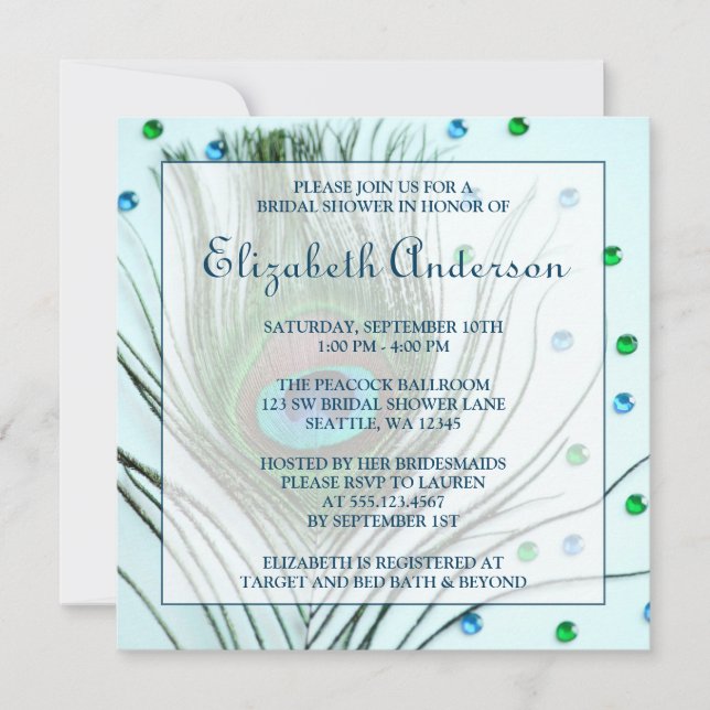 Invitation Fête de l'mariée Turquoise en plumes de paon de Gl (Devant)