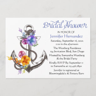 Invitation Fête de l'mariée Vintage Florale Ancre Bleu