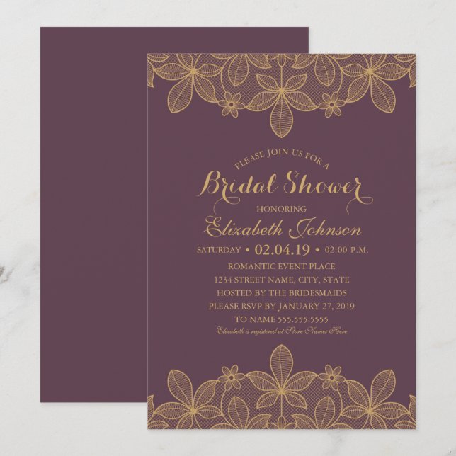 Invitation Fête de l'mariée violette en dentelle dorée de lux (Devant / Derrière)