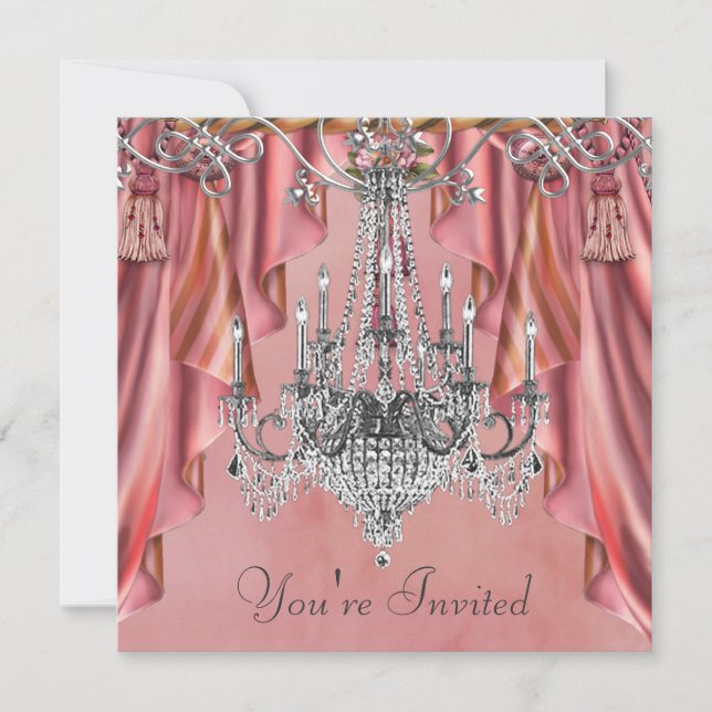 Invitation Fête de lustre rose corail argenté (Devant)