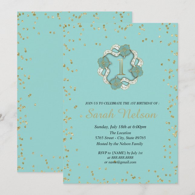 Invitation Fête de Luxe Fleurs Bleues Paillettes Dorées (Devant / Derrière)