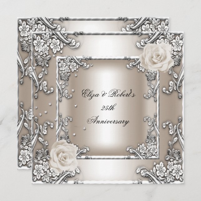 Invitation Fête de mariage 25e anniversaire Crème Rose Argent (Devant / Derrière)