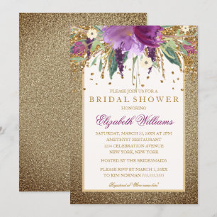 Invitation Fête de mariage Améthyste pétillante florale dorée