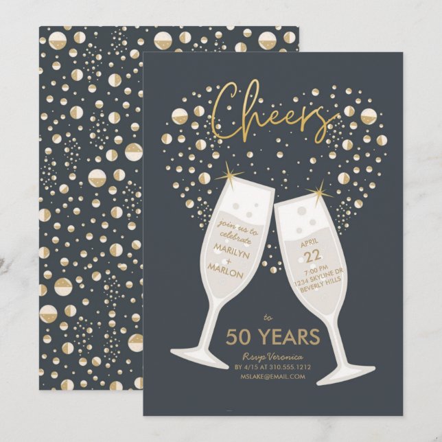 Invitation Fête de mariage anniversaire Champagne pétillant (Devant / Derrière)