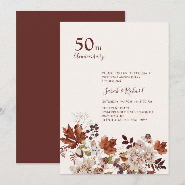 Invitation Fête de mariage anniversaire florale automnale rus (Devant / Derrière)