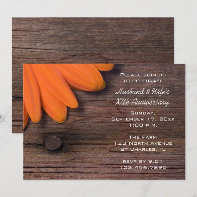 Invitation Fête de mariage anniversaire Rustique Orange Daisy (Devant / Derrière)